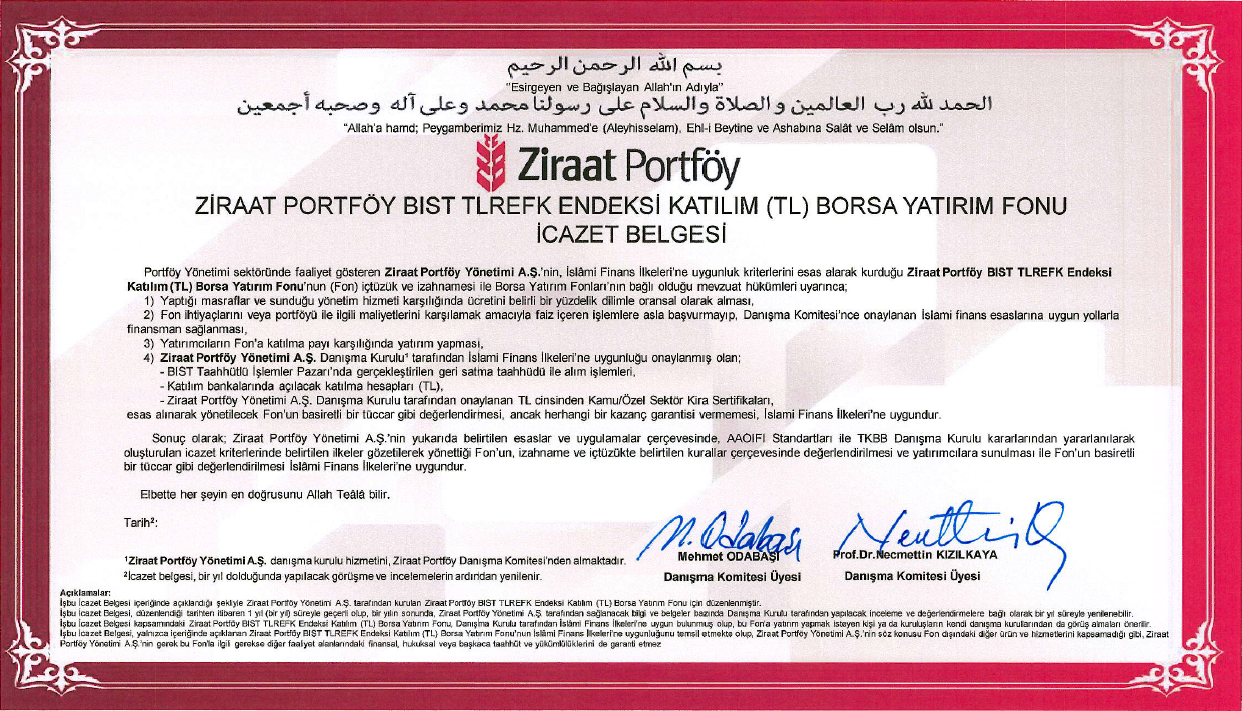 Ziraat Portföy BIST TLREFK Endeksi İcazet Belgesi