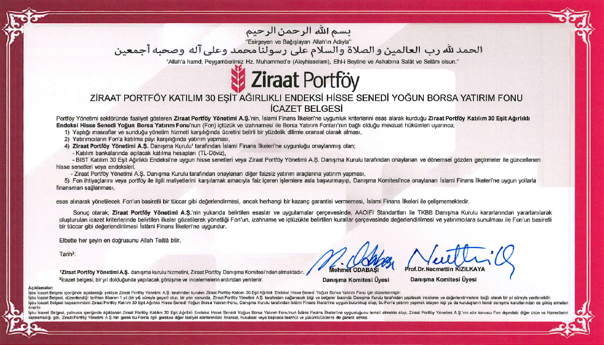 Ziraat Portföy Katılım 30 Eşit Ağırlıklı Endeksi İcazet Belgesi